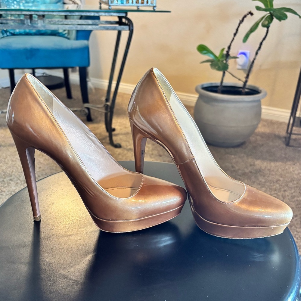 Prada Milano Patent Leather Platform Pumps Bronze Gold Stiletto Heels IT 39 - Picture 5 of 10